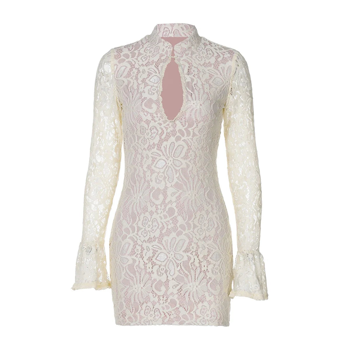 Turtleneck Long Flare Sleeve Patchwork Lace Hollow Out Button Sexy Mini Dress 2025 Spring Women Clothes Party Nightclub