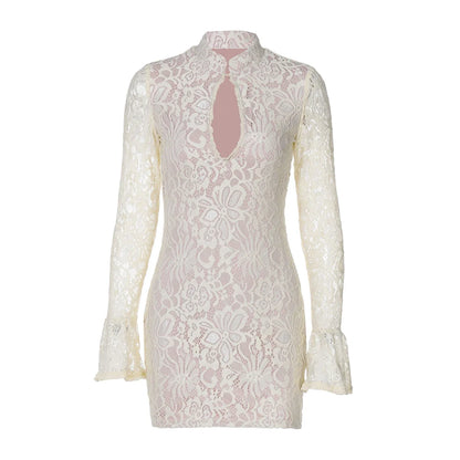 Turtleneck Long Flare Sleeve Patchwork Lace Hollow Out Button Sexy Mini Dress 2025 Spring Women Clothes Party Nightclub