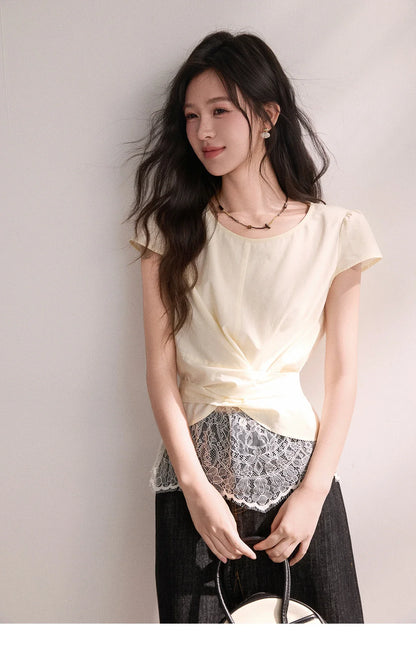 New French-style Twisted Crossover Waist-cinching Blouses Lace Patchwork Slim Fit Elegant Short Sleeve Top MXF22X2603