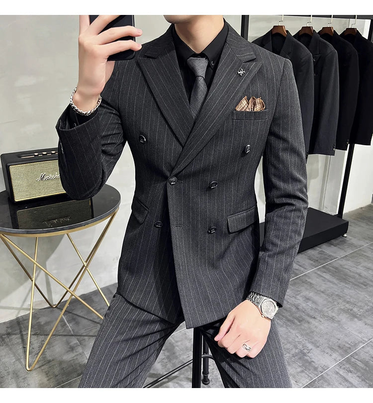 2025 High-quality Korean Version Slim-fit Business (Suit + Vest + Trousers) Striped Double-breasted Suit Three-piece Set