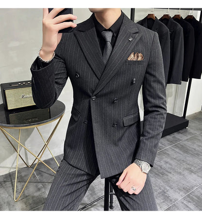 2025 High-quality Korean Version Slim-fit Business (Suit + Vest + Trousers) Striped Double-breasted Suit Three-piece Set