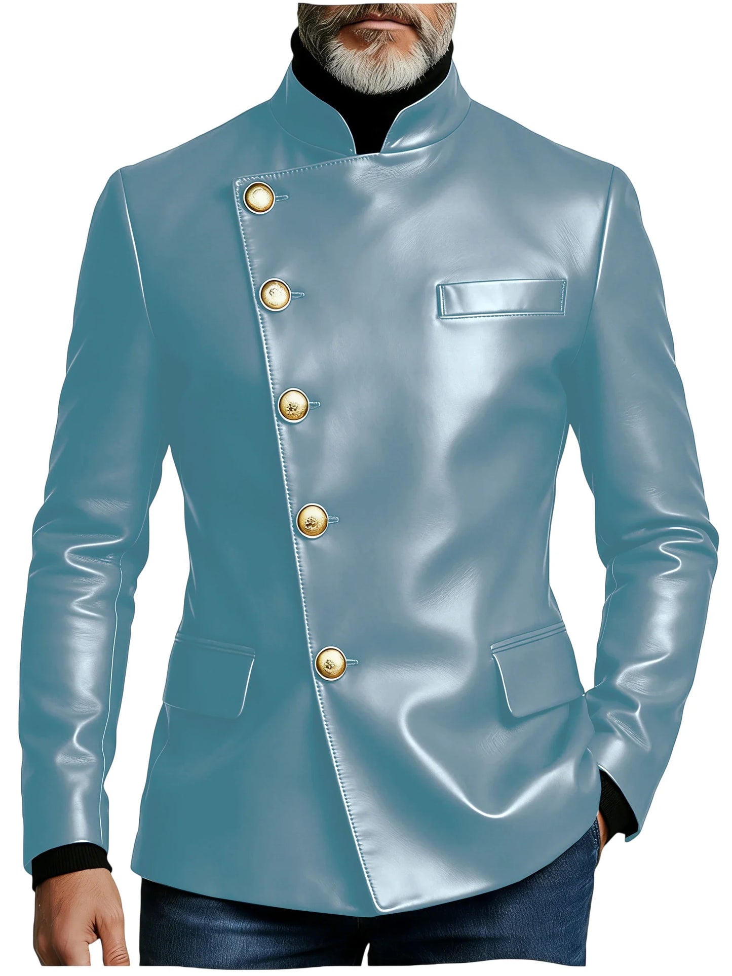 Vintage Men's PU Leather Blazer Slim Fit Double Breasted Stand Collar Jacket Gold Button Business Casual Wedding Prom Suit Coat