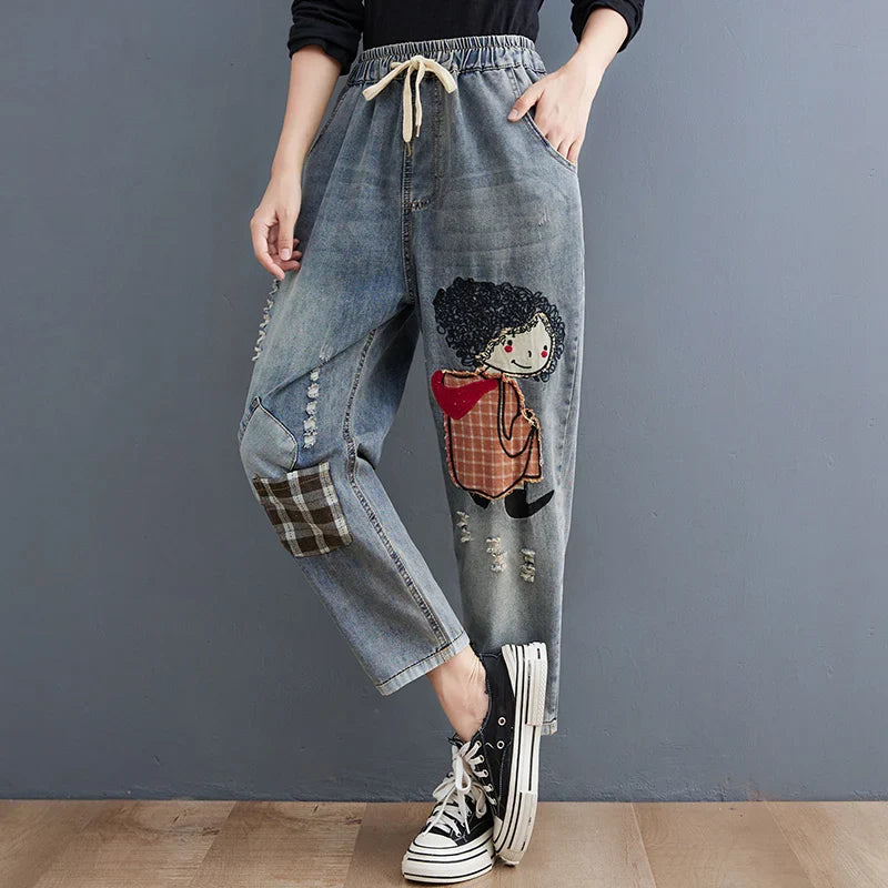 Elastic Waist Patchwork Embroidered Denim Harem Pants Women's Loose plus Size Fat MM Nine-Piece Cabbage Pants Autumn Season