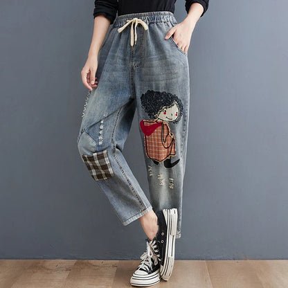 Elastic Waist Patchwork Embroidered Denim Harem Pants Women's Loose plus Size Fat MM Nine-Piece Cabbage Pants Autumn Season