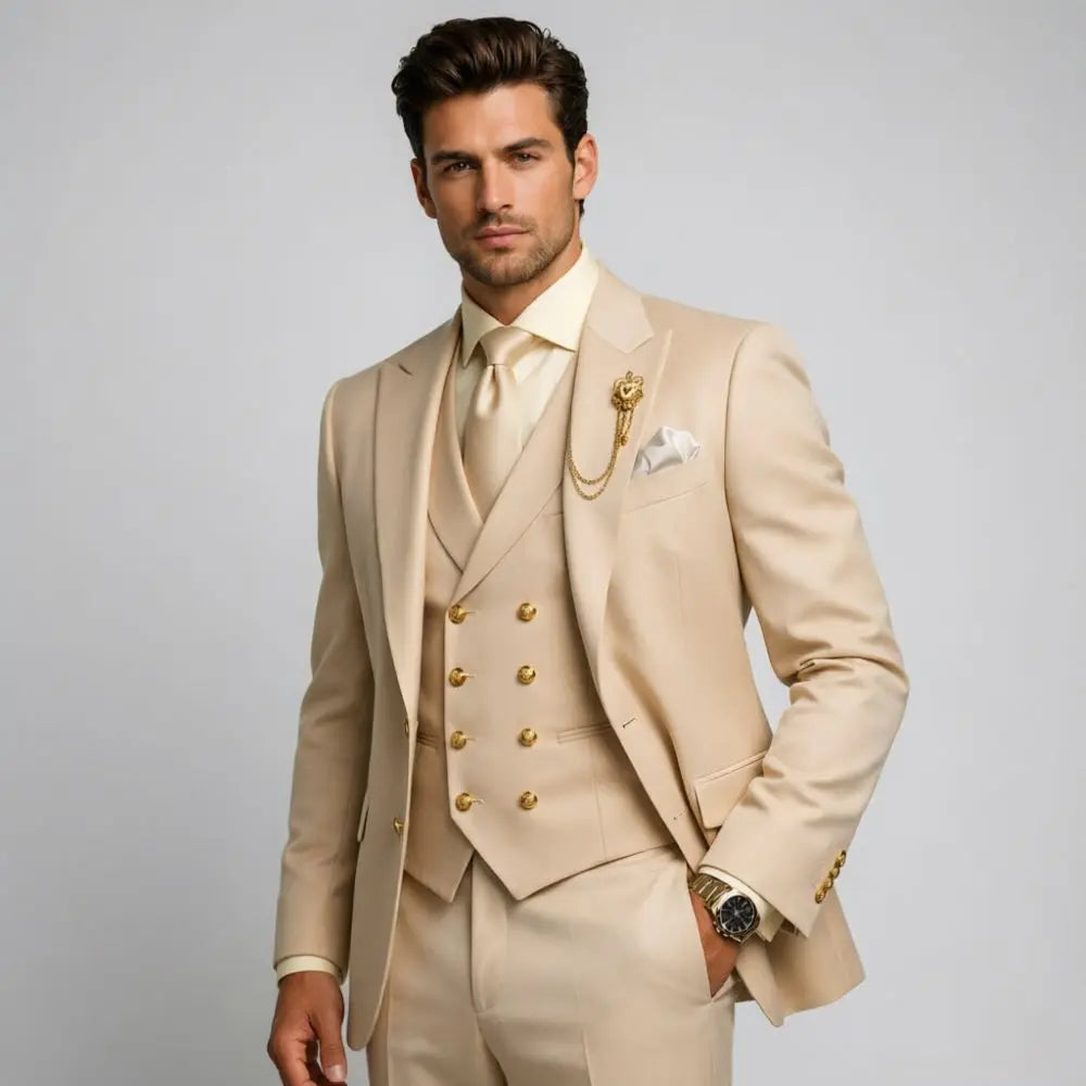 Mens White 3 Pieces Slim Fit Wedding Tuxedo Gold Buttons Peak Lapel Vest Formal Blazer Pants Groom Prom Office Evening Wear