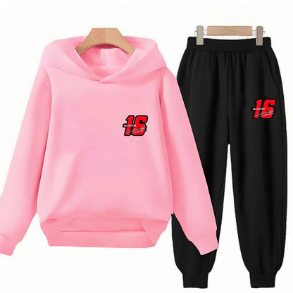 Children Hoodie Racing Sports driver number 16 Boys Girls Print Pullover 3-12Yrs Coat +Pants Toddler Clothes Leisure Black Set