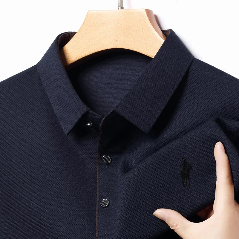 2025 Latest Autumn New Men's Long Sleeve Polo Shirt Middle Aged Business Comfortable Solid Color Men's Collar T-shirt