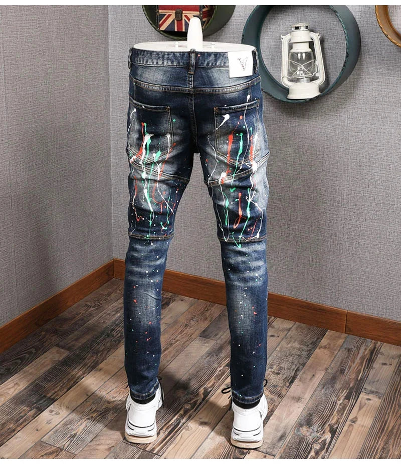 Fashion Streetwear Men Jeans Retro Black Blue Elastic Slim Fit Ripped Jeans Men Spliced Designer Embroidery Hip Hop Denim Pants