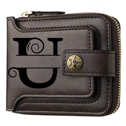 Men's Custom Wallet - Personalized Artificial Leather Men's Engraved Name and Letter Wallet, Father's Day Dad Gift, Brown