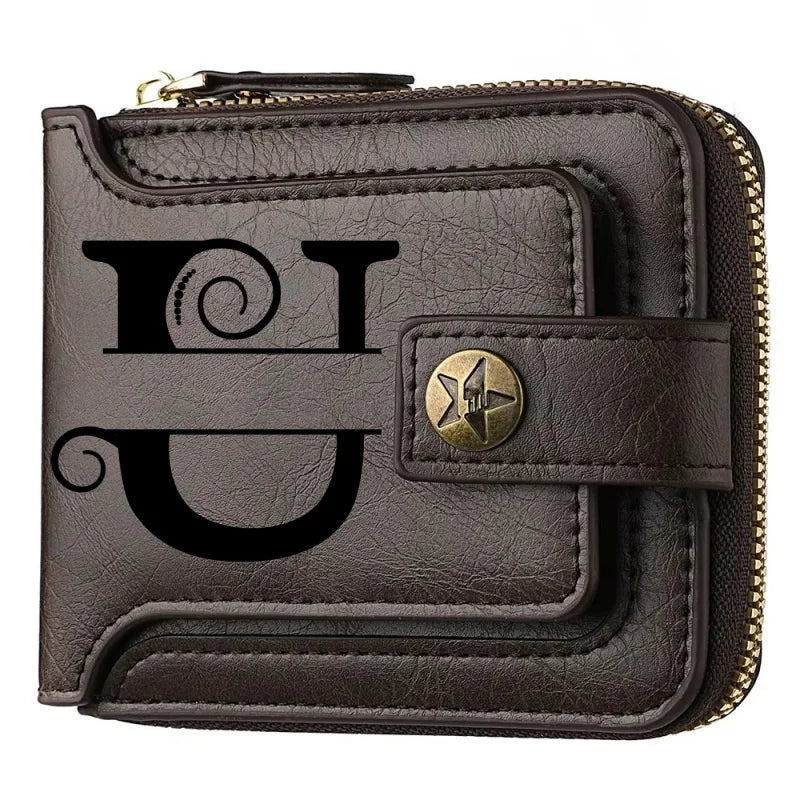 Portefeuille court en cuir PU personnalisé avec chaîne pour homme, portefeuille bifold marron élégant avec nom et texte gravés pour la Saint-Valentin et les anniversaires