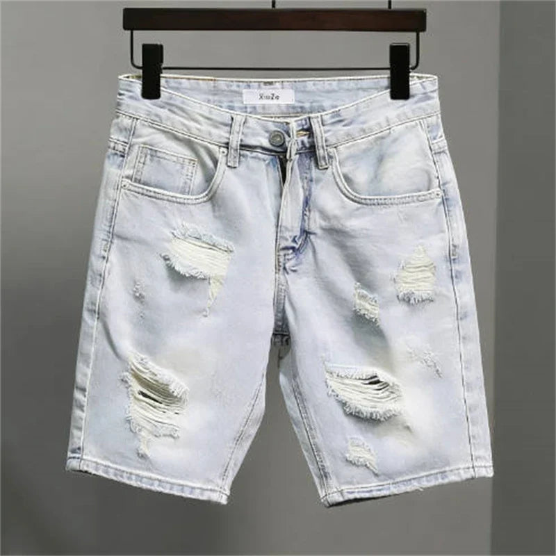 2026 Mens Summer Distressed Denim Shorts Baggy Casual Ripped Jeans Straight Leg Five Inch Shorts Streetwear Loose Fit