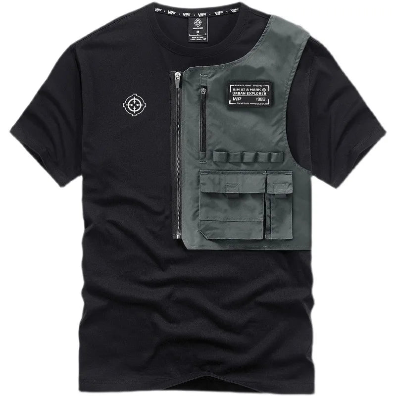 Fashion Men Black Techwear 100% Cotton Patch Stich Short Sleeve T-Shirts Summer Mens Oversized Locomotive Style Tooling T Shirt
