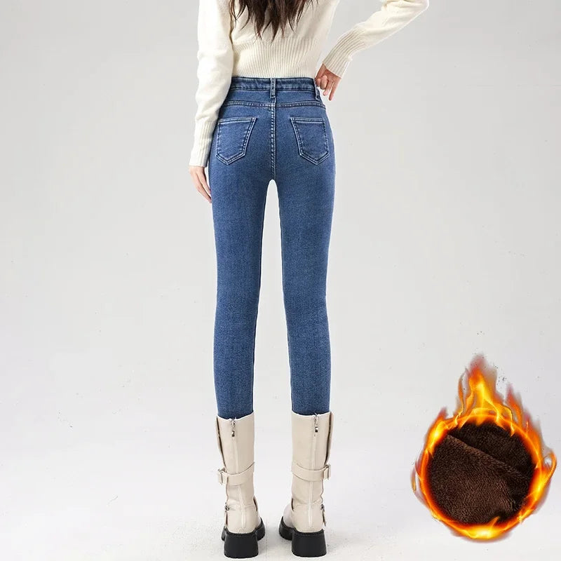 Women's Fleece Warm Winter Jeans Thicken Elastic Skinny Pencil Pants Fashion Korean Slim Plush Thermal Leggings Trousers