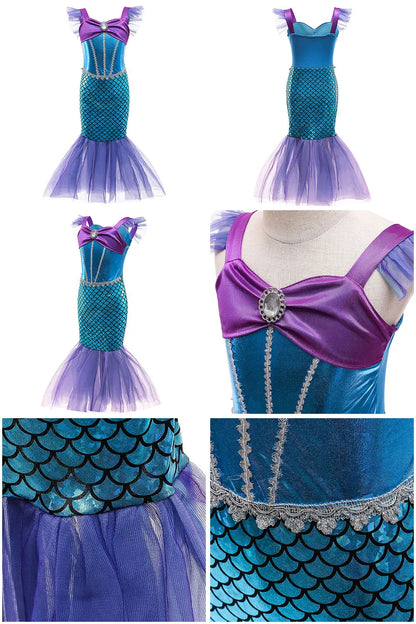 Little Girls Summer Clothing Children Ariel Mermaid Cosplay Blue Green Pink Sunshine Beach Enjoy Vacation Princess Ruffles Dress
