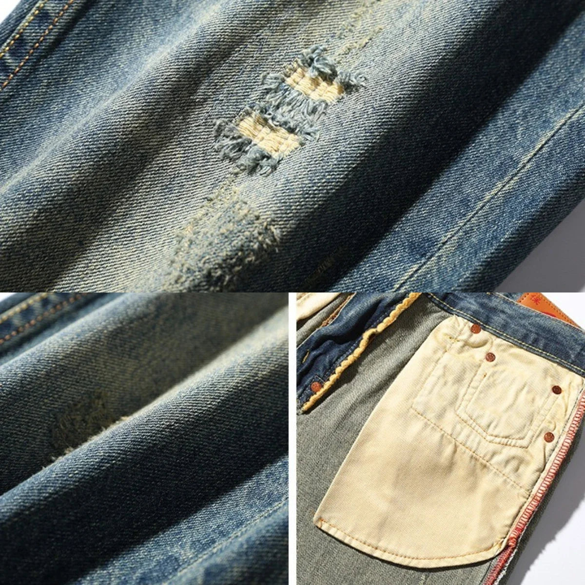 Men's Japanese Handmade Embroidered Jeans Pure Cotton Straight Tube Hip-Hop Popular Slim Red Ears Show Thin Trousers Blue MDevil