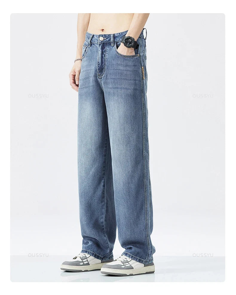 Spring Autumn High Quality Soft Lyocell Fabric Jeans Men Loose Wide Leg Pants Elastic Waist Casual Trousers Plus Size 28-40