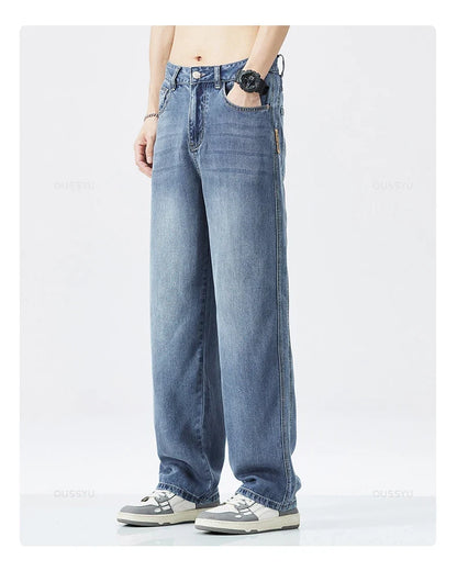 Spring Autumn High Quality Soft Lyocell Fabric Jeans Men Loose Wide Leg Pants Elastic Waist Casual Trousers Plus Size 28-40