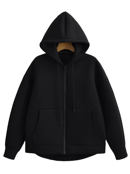 2026 Casual Women's Soild Zipper Hoodie Long Sleeve Big Pocket Zipper Jacket With Hood Female Loose Outerwear Coat Tops