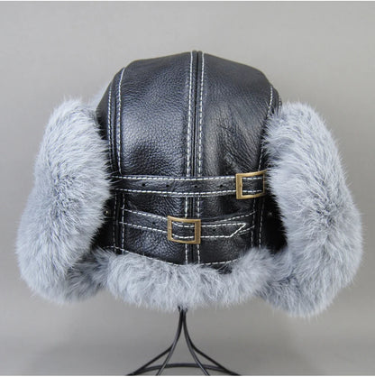 2026 Fashion Men's 100% Natural Rabbit Fur Bomber Hats Winter Russian Man Warm Real Sheepskin Leather Hat Male Real Fur Caps