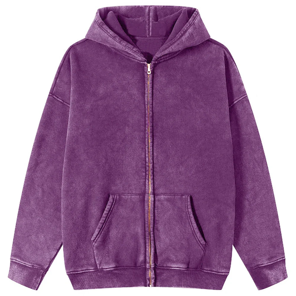 Autumn  Solid Color 100% Cotton Women Washed Hoodie Sport Casual Zipper Hoody Y2K Jogging Streetwear Harajuku Soft Hoodies
