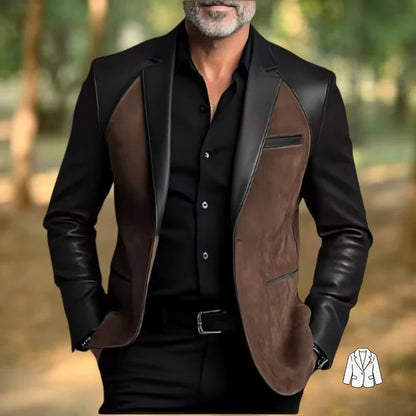 Retro Men's Faux Suede Jacket with PU Leather Collar & Shoulder 2 Buttons Two-Tone Blazer Contrast Trim Coat