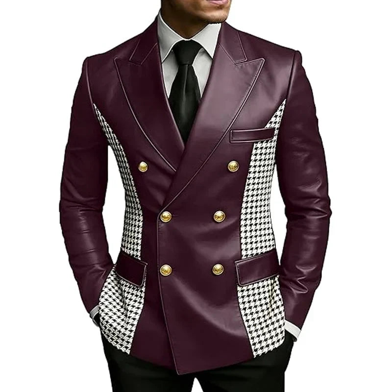 Men’s Brown Leather Blazer With Houndstooth Sides Vintage Two-Tone Double Breasted Slim Fit Gold Buttons Leather Tuxedo Jacket
