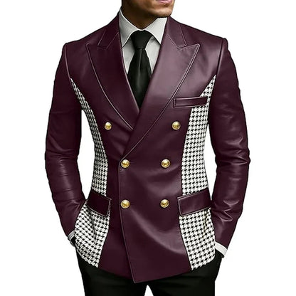 Men’s Brown Leather Blazer With Houndstooth Sides Vintage Two-Tone Double Breasted Slim Fit Gold Buttons Leather Tuxedo Jacket