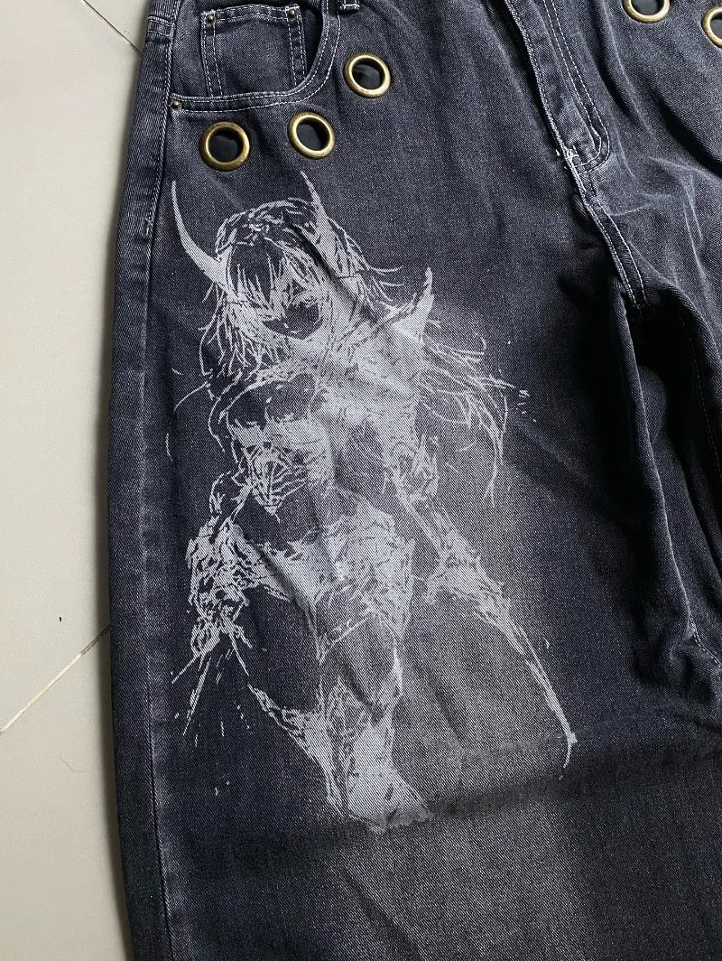 American New Fashion Oversized Pattern Printed Washed Jeans Men Y2K Gothic Rock Popular Casual Joker High Waist Wide Leg Pants