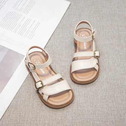Girls Roman Sandals Open Toe Little Kids Leather Sandals with Buckle Open Toe Children Summer Beach Shoes Non-Slip Soft Sole