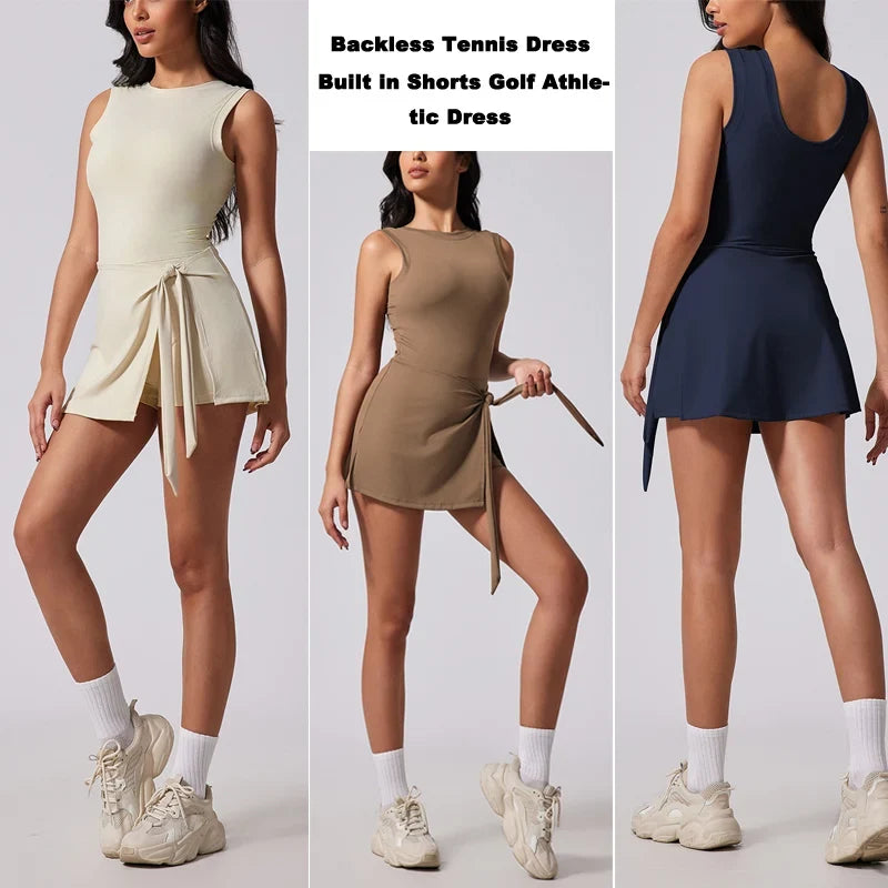Boat Neck Tennis Dress Golf Dress for Women with Buit-in Short Sleeveless Backless Sarong Wrap Active Dress Workout Romper Dress