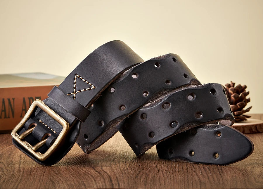 Thick Original Leather Belt Vintage Men Wide Belt Male Cowhide Real Genuine Leather Double Prong Buckle Strap Cowboy Jeans Belt