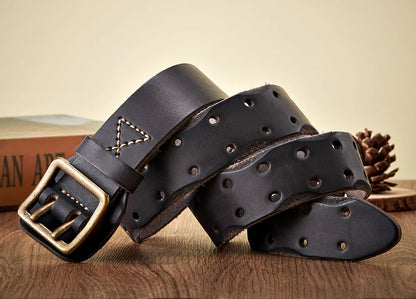 Thick Original Leather Belt Vintage Men Wide Belt Male Cowhide Real Genuine Leather Double Prong Buckle Strap Cowboy Jeans Belt