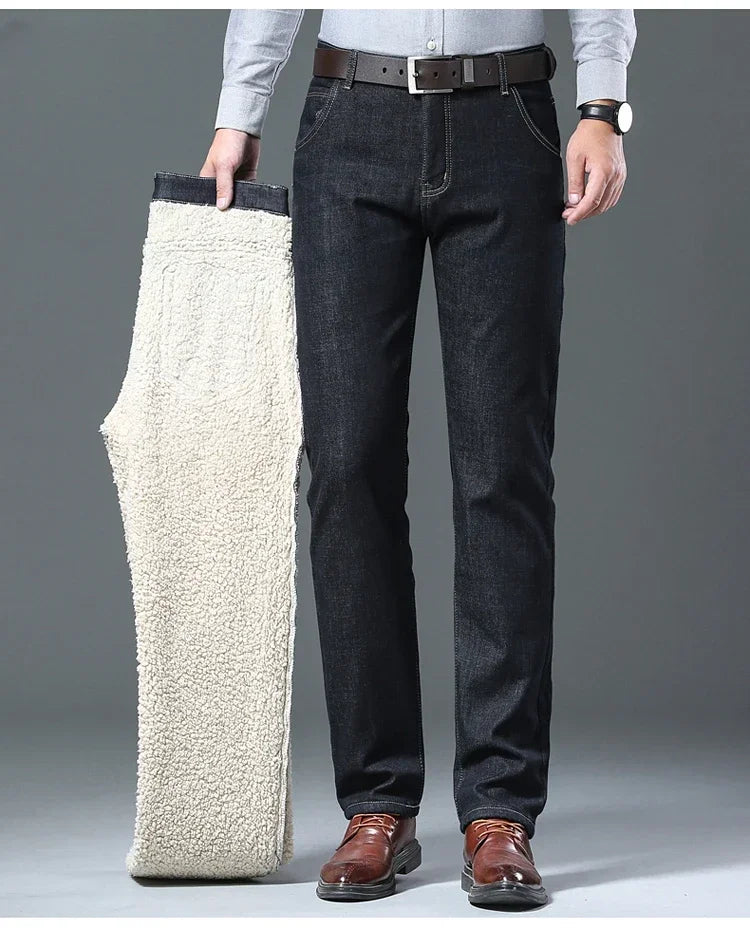 Winter Men's Fleece Thick Sherpa Jeans Business Casual Velvet Straight Denim Pants Male Wool Plush Classic Stretch Trousers