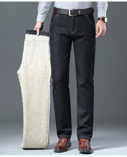 Winter Men's Fleece Thick Sherpa Jeans Business Casual Velvet Straight Denim Pants Male Wool Plush Classic Stretch Trousers