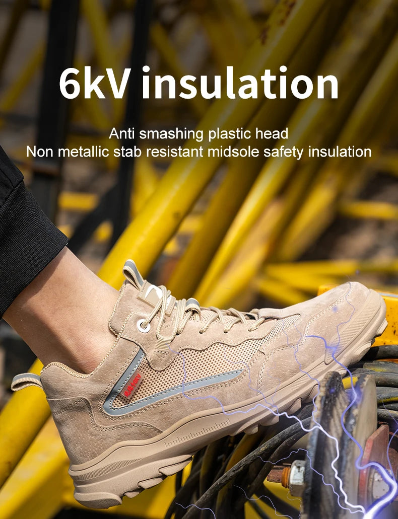 Reflective Strip Design Safety Work Shoes For Men Cow Suede Leather Indestructible Construction Boots Steel Toe Male Footwear