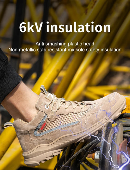 Reflective Strip Design Safety Work Shoes For Men Cow Suede Leather Indestructible Construction Boots Steel Toe Male Footwear