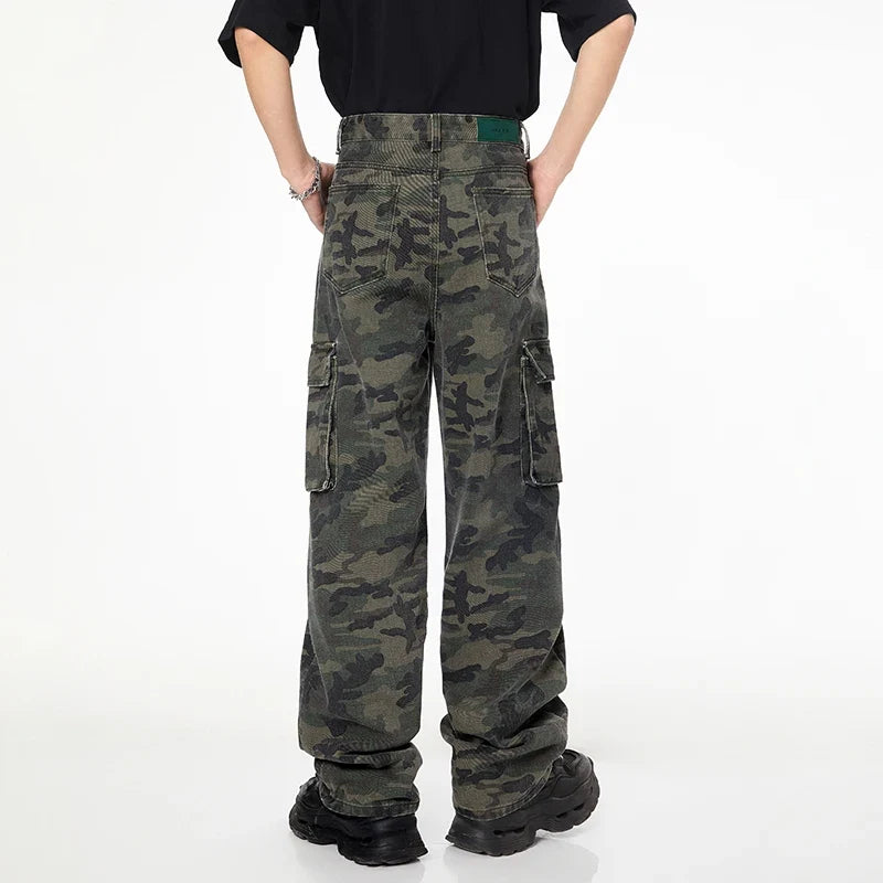 Tall Pants for Slim Thin Skinny Men Y2K Straight Wide Leg Cotton Cargo Pants Camouflage Extra Long Length Trouser Male Vintage