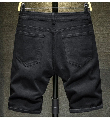 2024 New Summer Men's Casual Fashion Straight Denim Shorts Simple Ripped Streetwear Slim Fit Denim Shorts Male Black White
