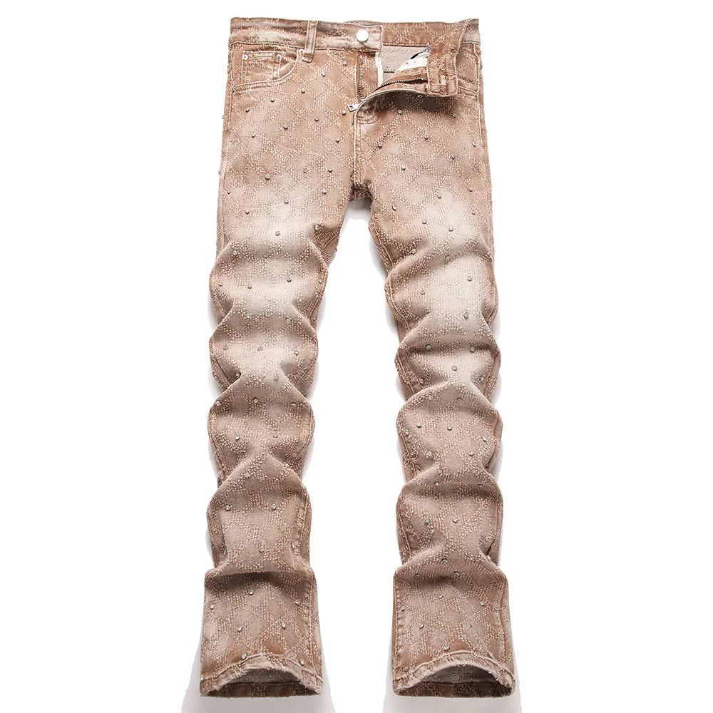 Men's Crystal Rhinestone Stretch Boot Cut Denim Jeans Punk Rivet Slim Flared Trousers Fashion Stretchy Pants