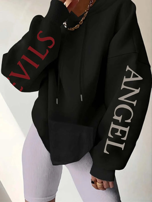 Women's Plus-size Hooded Sweatshirt Gothic Angel and Demon Pattern Autumn and Winter Fleece Streetwear Oversized Loose Casual