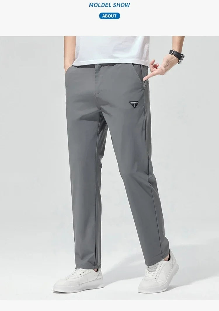 Korean Street Summer Y2K Men's Ice Silk Casual Pants All Match Elastic Sweatpants Office Business Fashion Straight Suit Trousers