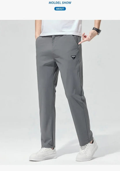 Korean Street Summer Y2K Men's Ice Silk Casual Pants All Match Elastic Sweatpants Office Business Fashion Straight Suit Trousers