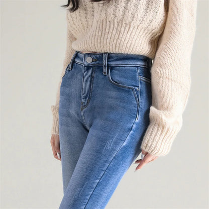 2023 Fashion Women Stretch High Waist Pencil Pants Casual Female Velvet Jeans High Quality Fleece Mom Jeans Thick Plush Pants
