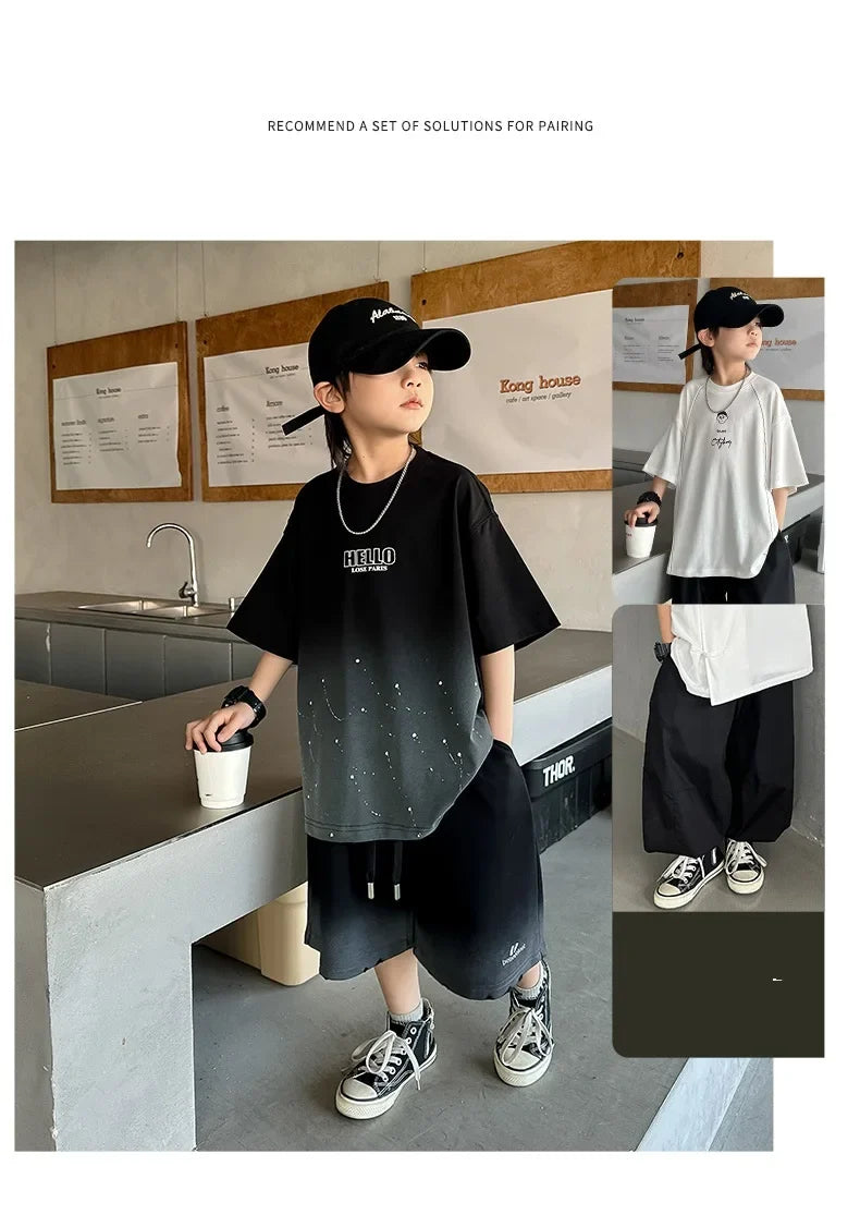 Summer Boys Cotton Leisure Star Print Gradient T-Shirt Top+Shorts Workout Set School Kids 2PCS Tracksuit Children Outfit 5-16 Yr