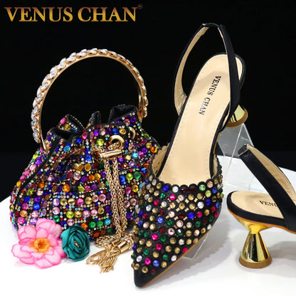 2023 New INS High-Heeled Pointed Toe Wedding Shoes Colorful Full Diamond Design Shoe and Bag Set for Nigeria Party