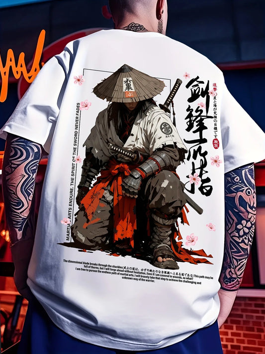 Summer Men's Japanese-style Ink-wash Samurai Pattern Casual Sports Street Style Trendy Short-sleeved T-shirt Soft Breathable