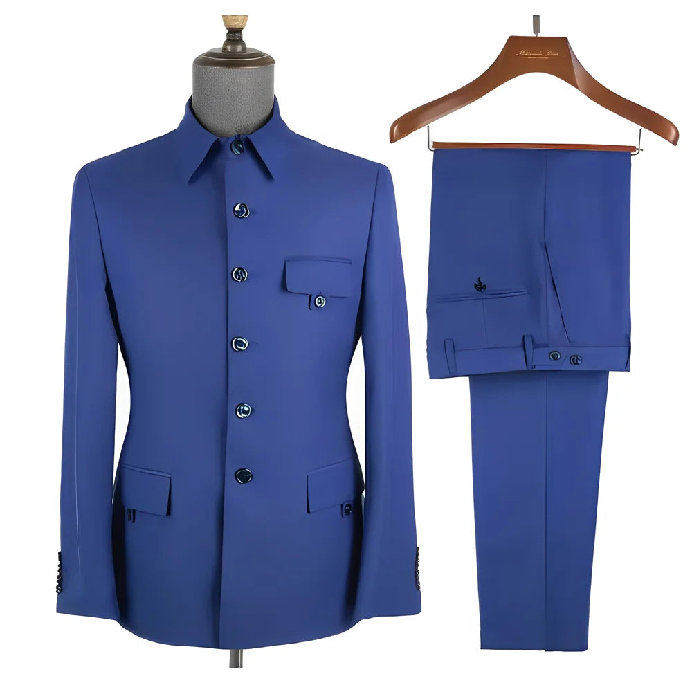 Royal Blue Formal Men's Suit 2 Piece Set Stand Collar Blazer Pants Slim Fit Wedding Groom Tuxedo Party Dress