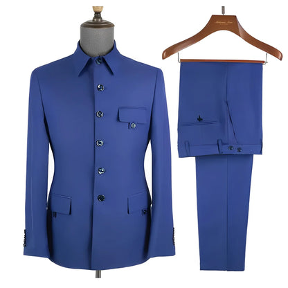 Royal Blue Formal Men's Suit 2 Piece Set Stand Collar Blazer Pants Slim Fit Wedding Groom Tuxedo Party Dress