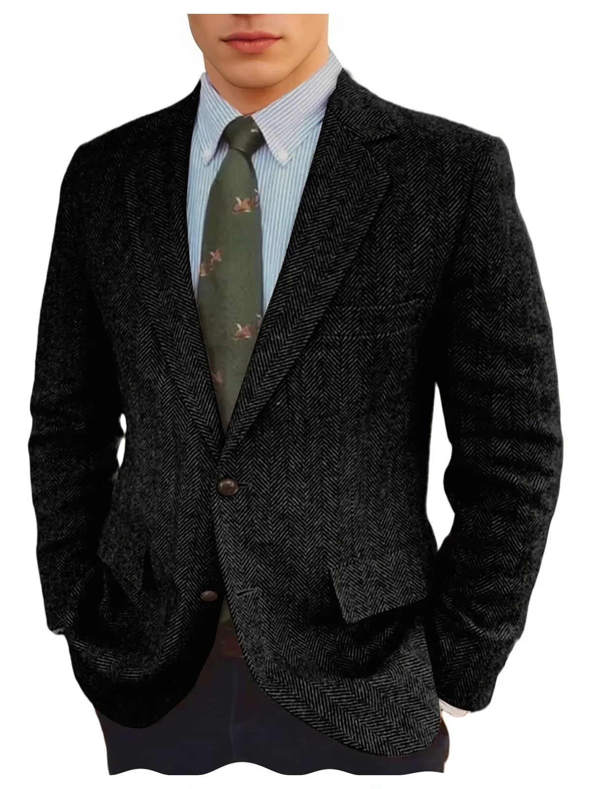 Men's Grey Herringbone Tweed Blazer Classic-Fit Notched Lapel Casual Jacket Slim Fit Business Wedding Suit Coat Plus Size