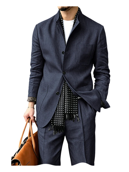 Men's Linen Blend 2 Piece Suit Set Stand Collar Breathable Casual Blazer Pants For Business Daily Wear